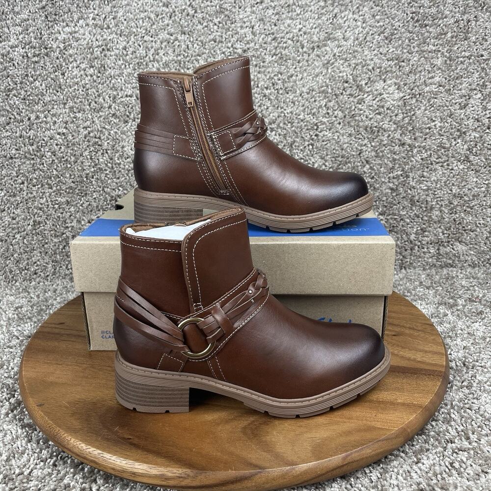 Clarks Hearth Kaylie Womens Size 6 Brown Leather Ankle Boots Braided Bit NEW